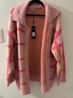 Fashion Nova Pink Plaid Cardigan Oversized Cozy Soft Knit Size L NWT